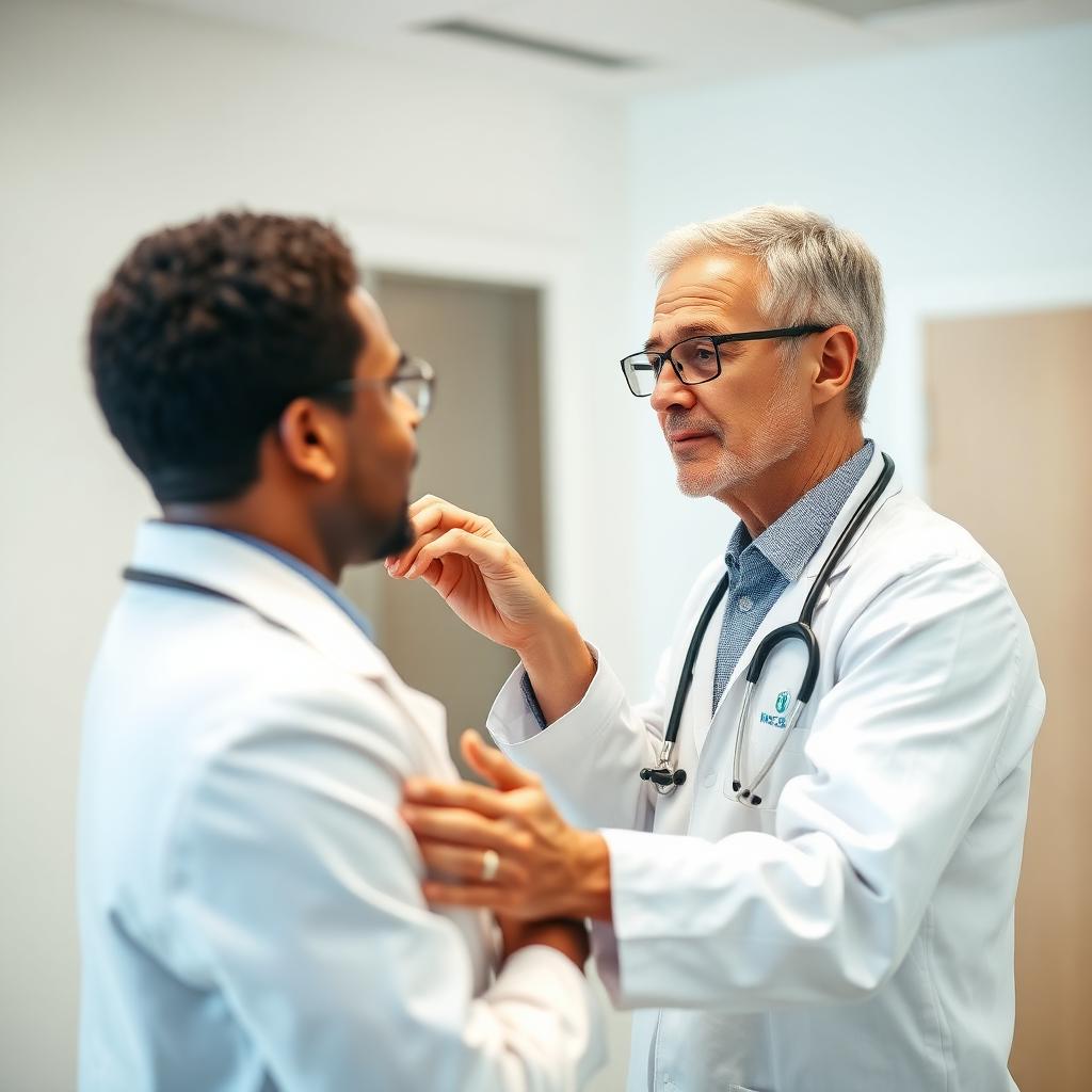 Board-certified health practitioner performing a post-accident neck and shoulder examination in a clinic